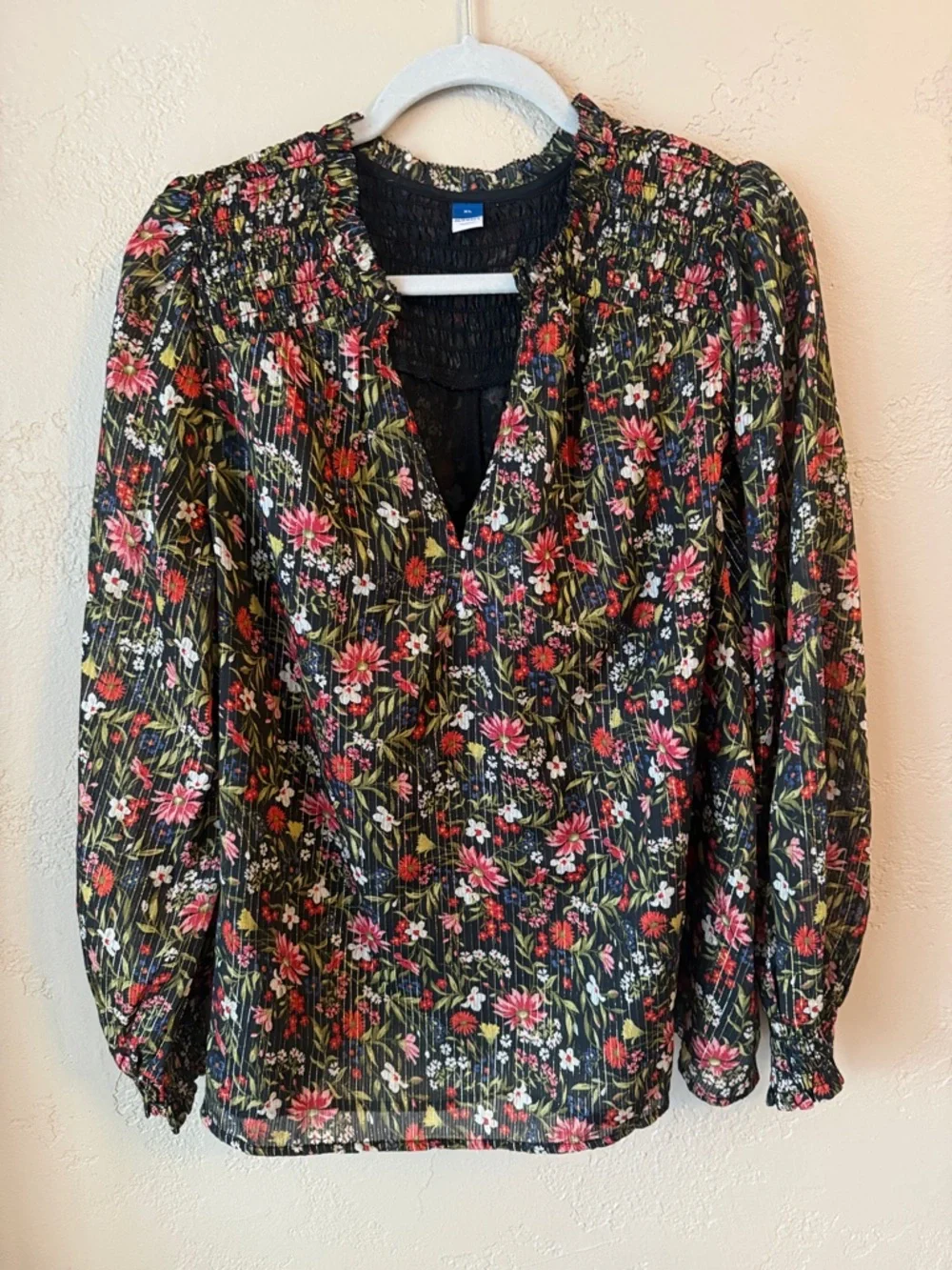 Old‎ Navy Black Floral Smocked-Neck Blouse with Pink and Red Flowers